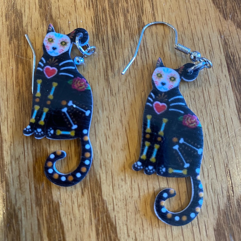 Black cat sugar skull earrings